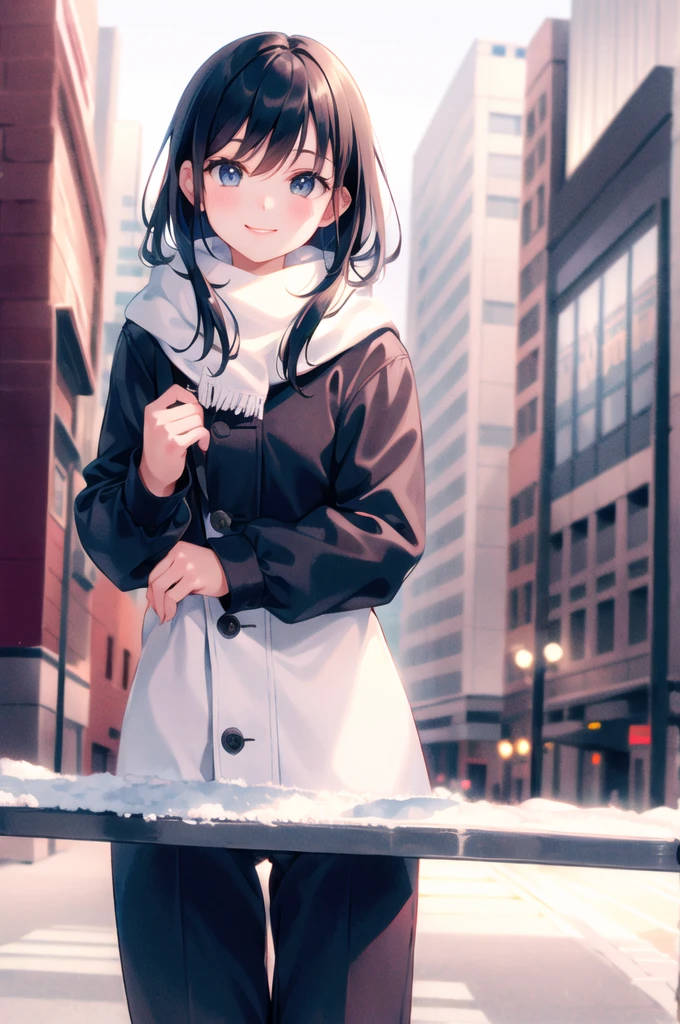 (morning), 1girl, solo, looking at viewer, winter, cowboy shot, (downtown), cowboy shot, smile, black hair