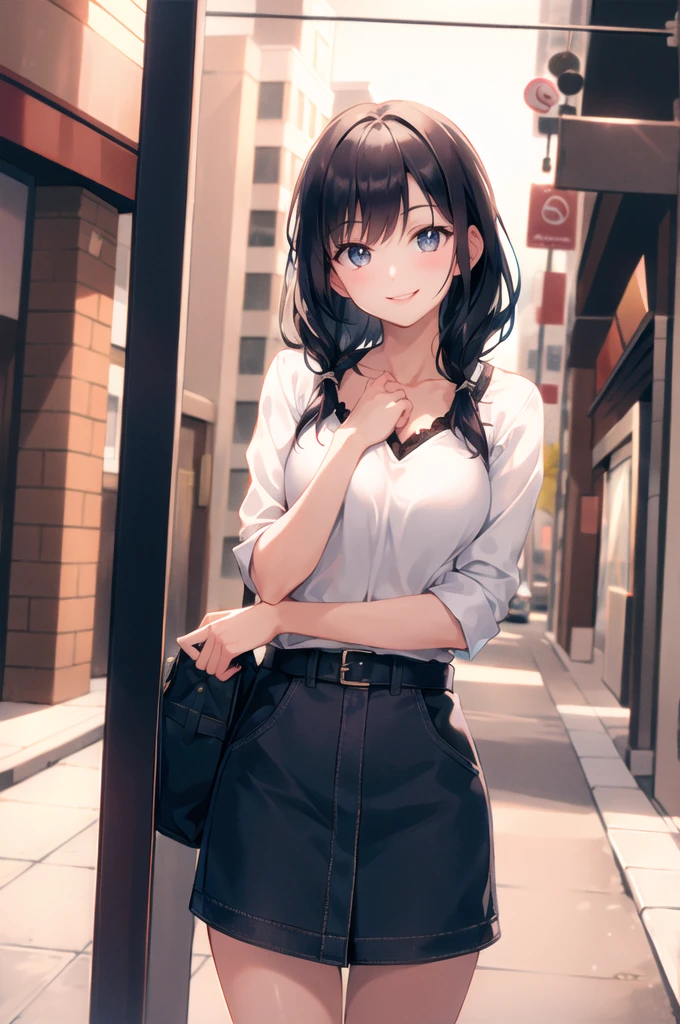 (morning), 1girl, solo, looking at viewer, winter, cowboy shot, (downtown), cowboy shot, smile, black hair