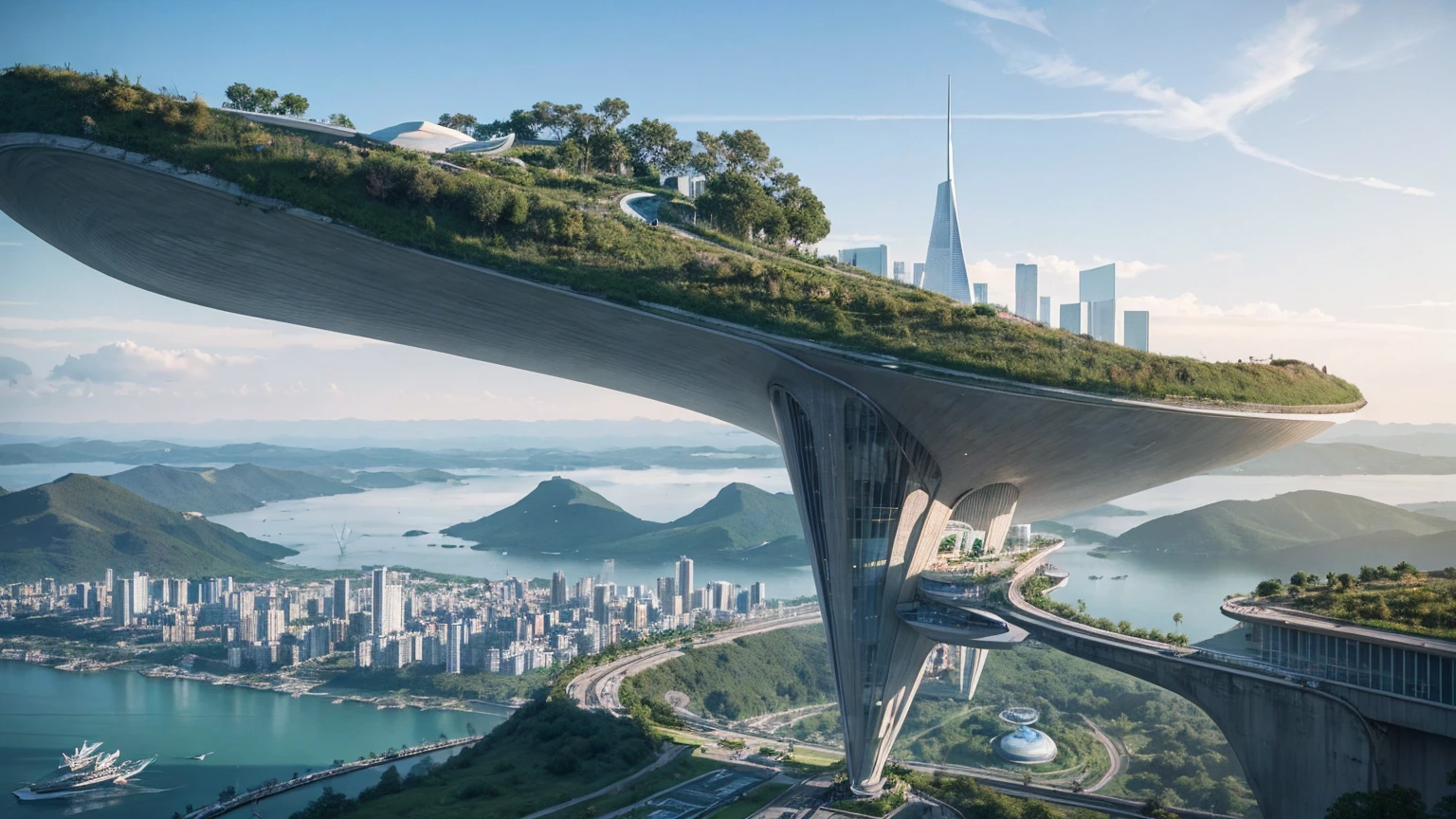 (Best quality,4K,8K,A high resolution,Masterpiece:1.2),Ultra-detailed,(Realistic,Photorealistic,photo-realistic:1.37),Futuristic floating city,Futuristic technology,Huge urban high-tech tablet platform,Airship,Floating in the sky,Futuristic city,Small airships around,High-tech hemispherical platform,Colorful lights,Advanced architecture,modernn architecture,skyscrapper,Access the cloud,Scenic beauty,view over city,Impressive design,Blend seamlessly with nature,energetic and vibrant atmosphere,Futuristic transportation system,Parking is suspended,Transparent path,Lush greenery,Sky gardens,cascading waterfalls,Magnificent skyline,reflections on the water,Sparkling river,Architectural innovation,futuristic skyscrapers,Transparent dome,The shape of the building is unusual,Elevated walkway,Impressive skyline,Glowing lights,Futuristic technology,Minimalist design,Scenic spots,Panoramic view,Cloud Piercing Tower,Vibrant colors,epic sunrise,epic sunset,Dazzling light display,magical ambiance,The future city,Urban Utopia,LuxuryLifestyle,Innovative energy,sustainable development,Smart city technology,Advanced infrastructure,Tranquil atmosphere,Nature and technology live in harmony,Awesome cityscape,Unprecedented urban planning,Architecture connects seamlessly with nature,High-tech metropolis,A cutting-edge engineering marvel,The future of urban living,Visionary architectural concept,Energy-efficient buildings,Harmony with the environment,A city floating above the clouds,Utopian dreams become reality,The possibilities are endless,State-of-the-art transportation network,Green energy integration,Innovative materials,Impressive holographic display,Advanced communication system,Breathtaking aerial view,Quiet and peaceful environment,Modernist aesthetics,Ethereal beauty
