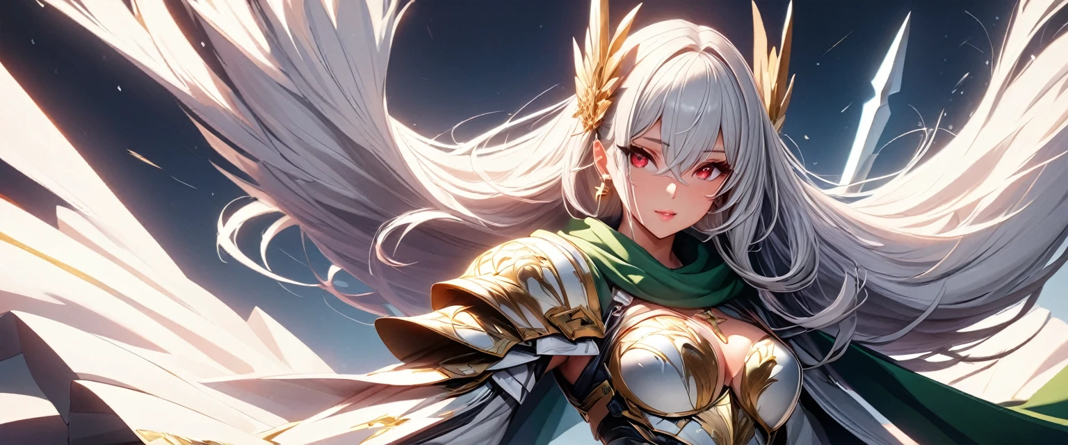 (Perfect Anatomy)、Mastepiece、Ultra High Quality、 8k、masterpiece、Highest quality、Ultra-high resolution、Maximum resolution、Very detailed、Professional Lighting、anime、woman、thin、Very beautiful face、Beautiful eyes、(Highly detailed eye)、Highly detailed face、White armor,Cross earrings,Gray Hair, hairs between eyes, Red eyes,White leotard、Gloss Lip、Pink Lips、Detailed armor patterns、grassland, full body, (((spear))), armored dress, hair accessory, gold pattern, big shoulder armor, high heels boots, green scarf, Conjuring wind with magic, Creating magical whirlwinds, Ass up