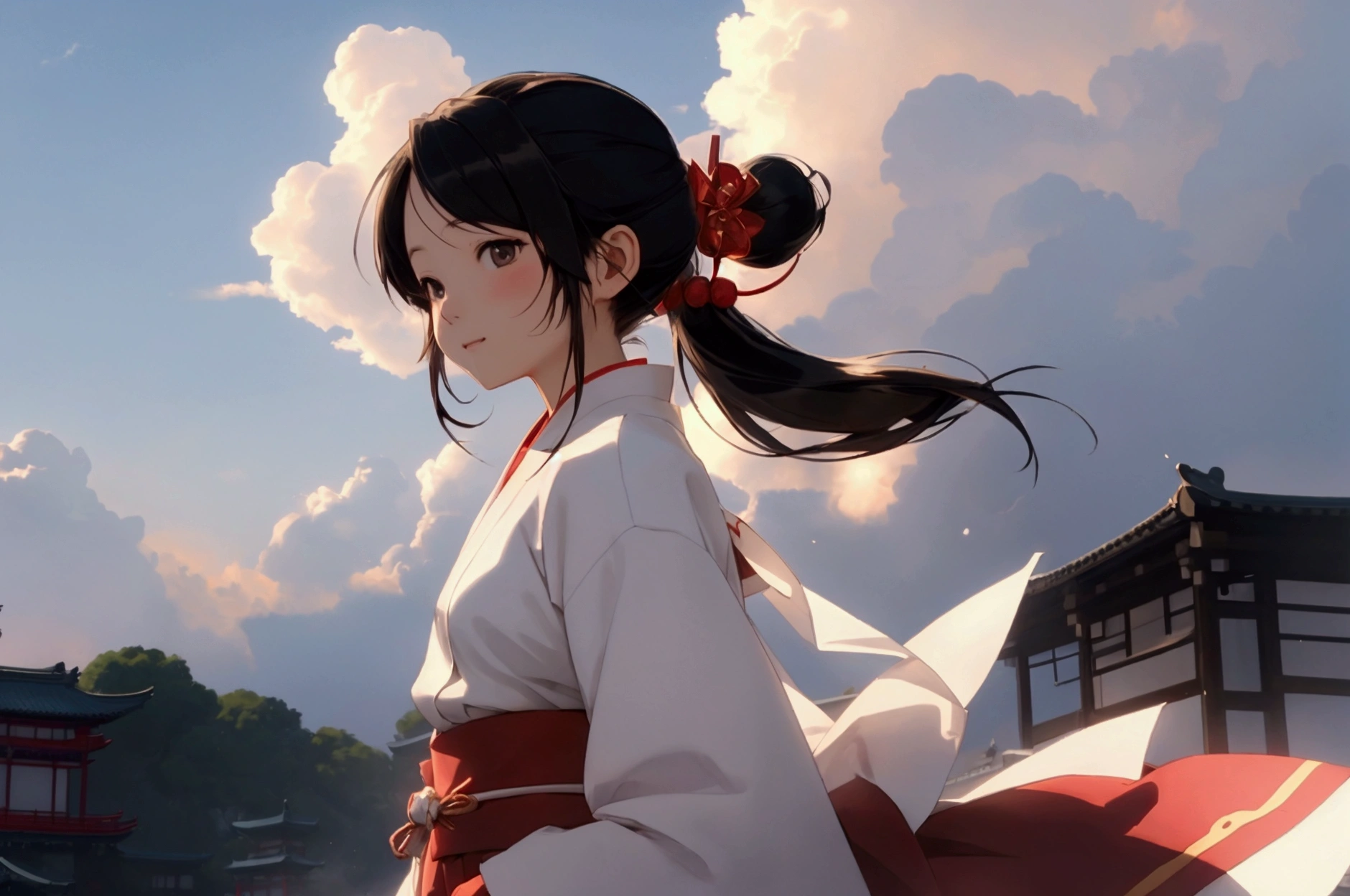 girl, Anime Styleに変身, Shrine maiden's attire, A backlit background to make your subject stand out, High contrast color, 4K High Resolution,young, 笑face, Beauty、face、masterpiece, Highest quality, Movie stills, bright, Anime Style, Happy, shine、Age: 23、happiness、null、cloud、cloudの隙間から光が差し込む、Warm and soft lighting,