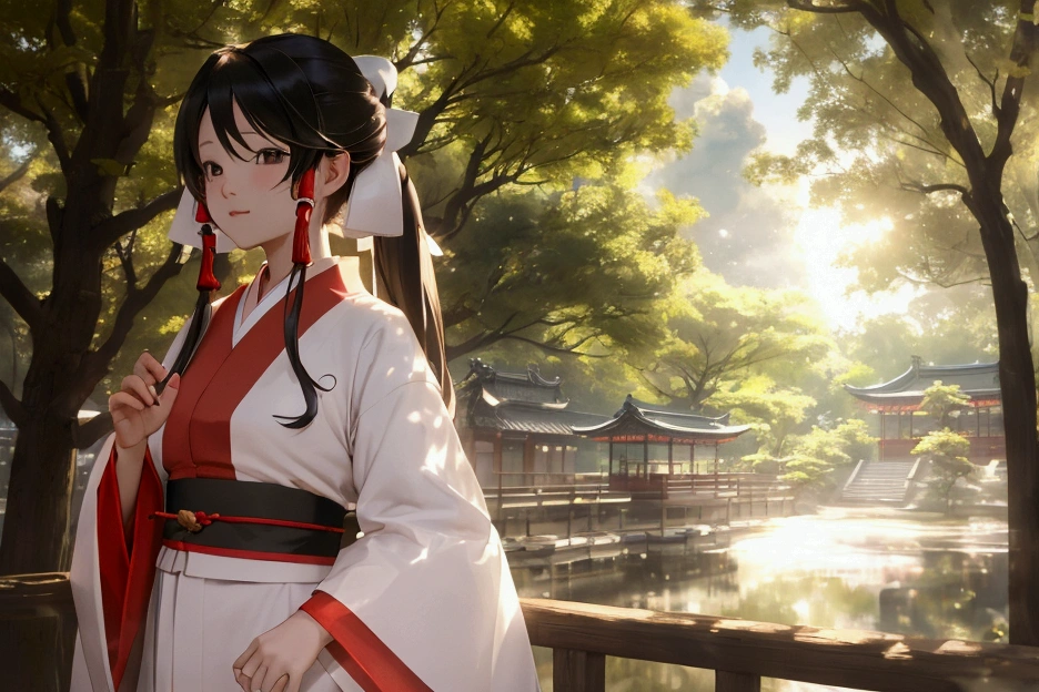 girl, Anime Styleに変身, Shrine maiden's attire, A backlit background to make your subject stand out, High contrast color, 4K High Resolution,young, 笑face, Beauty、face、masterpiece, Highest quality, Movie stills, bright, Anime Style, Happy, shine、Age: 23、happiness、null、cloud、cloudの隙間から光が差し込む、Warm and soft lighting,