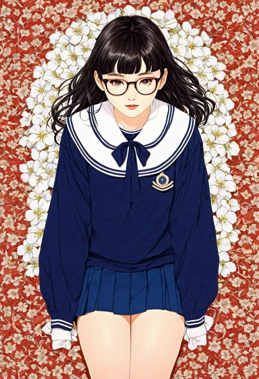 Line art、Vector art,White Flower Art,(Floral:1.3), (Masterpiece, Highest quality),Delicate colors, Super delicate pattern colorful, Highest quality, Cute beautiful girl, ,(School Sailor Uniform、Navy sweater Navy skirt)、,White socks、Brown loafers、No smiles、Black Hair、Short bangs、Short braid、Brow wrinkles、Black glasses、Big Breasts、（Plump;1.2）From above、Takato Yamamotoスタイル、Art Style：Takato Yamamoto