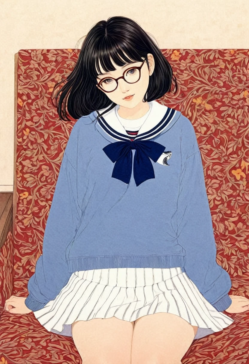 Line art、Vector art,White Flower Art,(Floral:1.3), (Masterpiece, Highest quality),Delicate colors, Super delicate pattern colorful, Highest quality, Cute beautiful girl, 15 years old,(School Sailor Uniform、Navy sweater Navy skirt)、,White socks、Brown loafers、No smiles、Black Hair、Short bangs、Short braid、Brow wrinkles、Black glasses、Big Breasts、（Plump;1.2）From above、Takato Yamamotoスタイル、Art Style：Takato Yamamoto