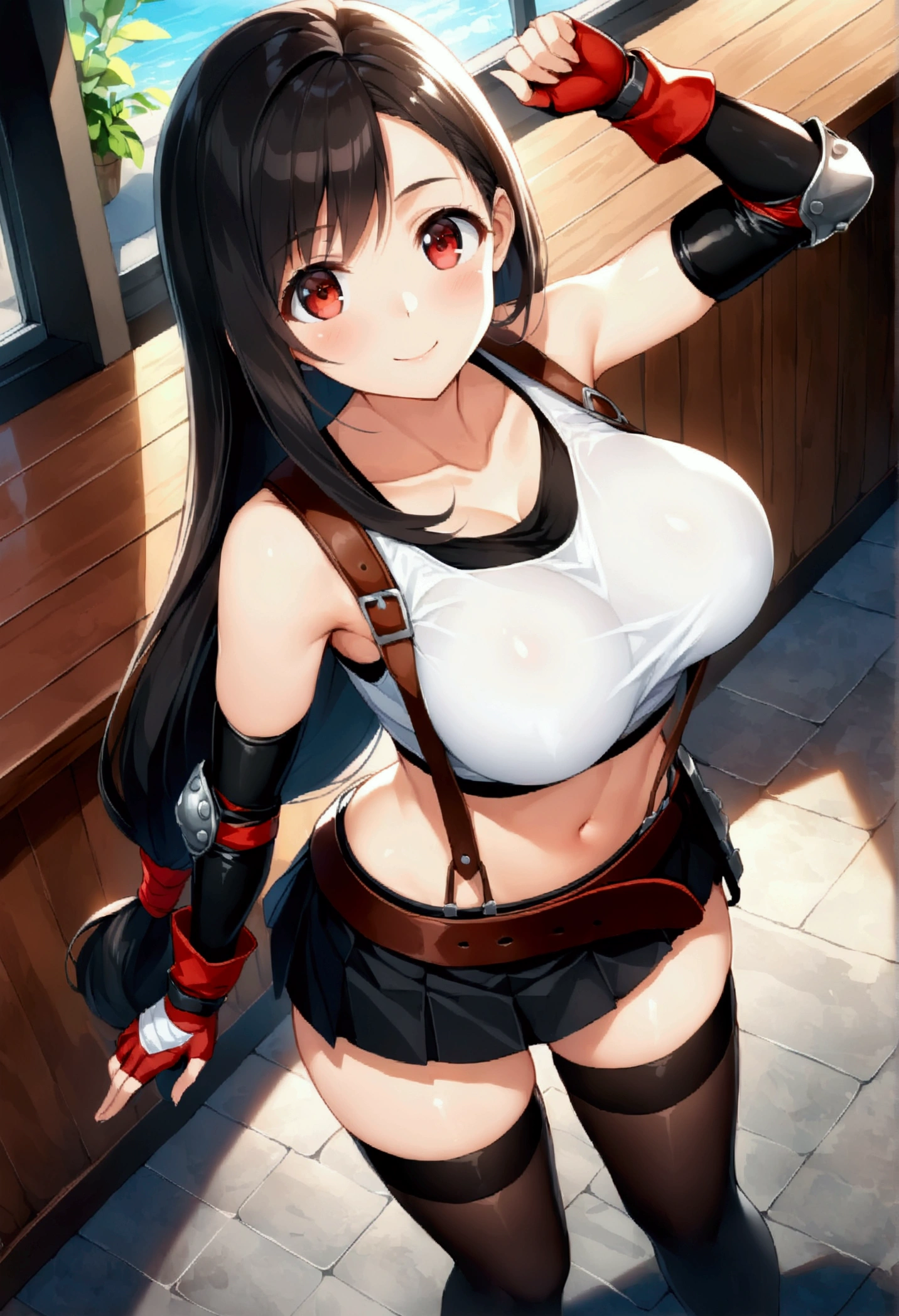 score_9, score_8_up, score_7_up,,8k,rating_safe BREAK ,(source_anime).,above view,breast focus,standing,contrapost pose,(upperbody),looking_at_viewer ,1girl, tifa lockhart, final fantasy, tareme,black hair, low-tied long hair, red eyes, bangs, (white tank top, belt, pleated skirt, thighhighs, elbow fingerless gloves, elbow pads, midriff, navel,suspender skirt) ,large_breasts,(light smile),,,Solo,,(daytime and cafebar),slender_waist,(best quality),(aesthetic,very aesthetic),(HDR,maximum detail),superior contrast.depth of field,(illustration),