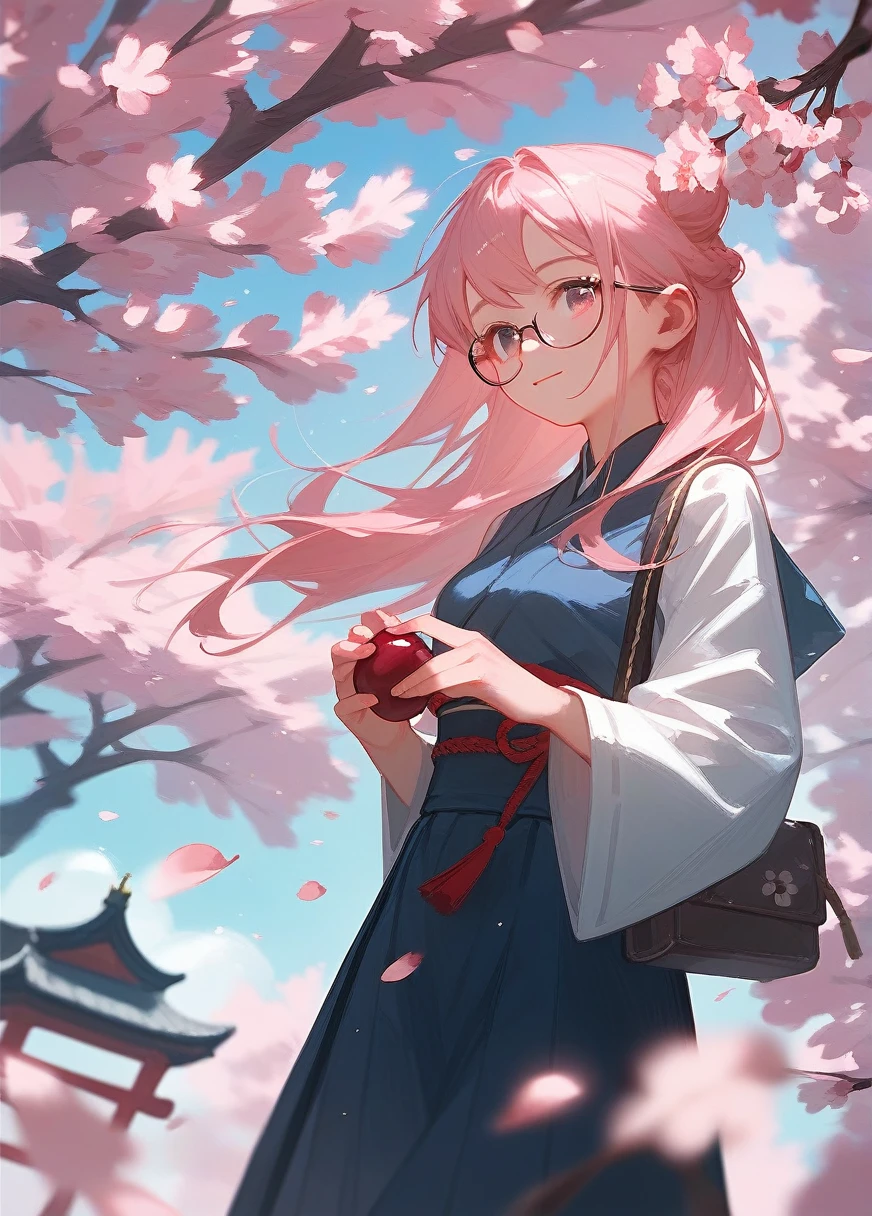 A Japanese anime female character wearing glasses，Standing under the pink cherry blossom tree，The breeze blew her long hair。The background is delicate cherry blossom petals falling，The spring sun shines on her shoulders。She smiled，Hands gently caressing a cherry blossom。