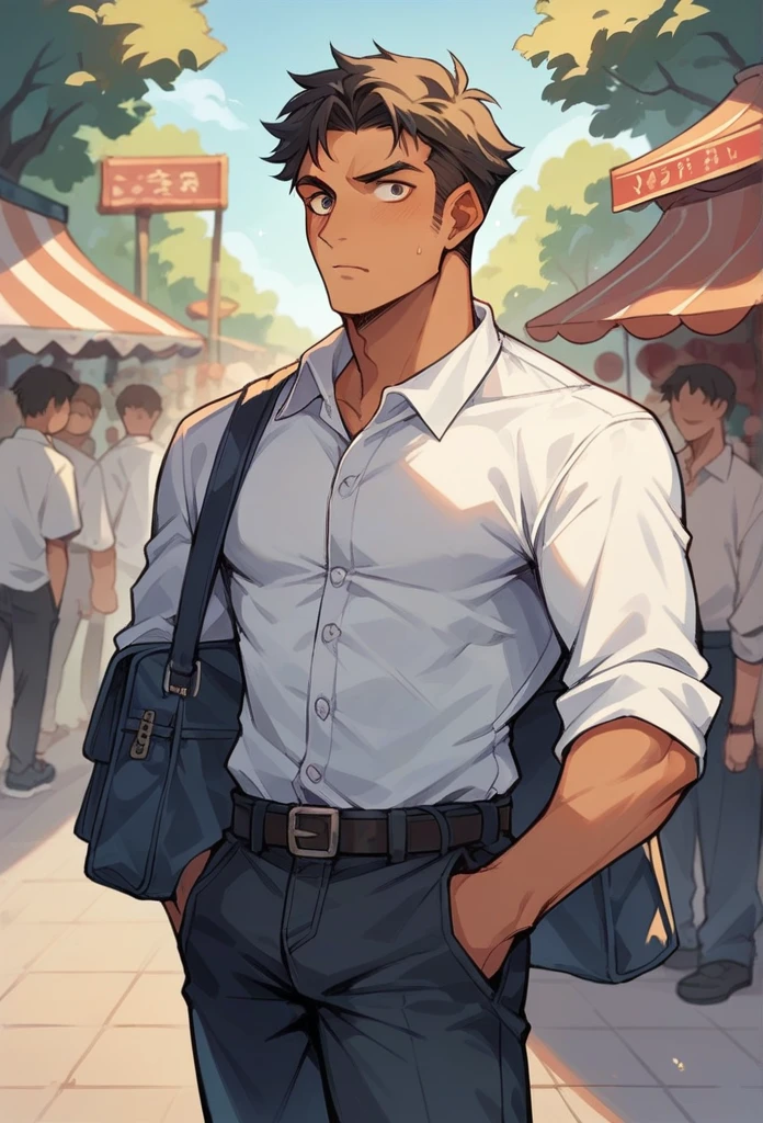 The man in India market street in white shirt and sutter  colour pant