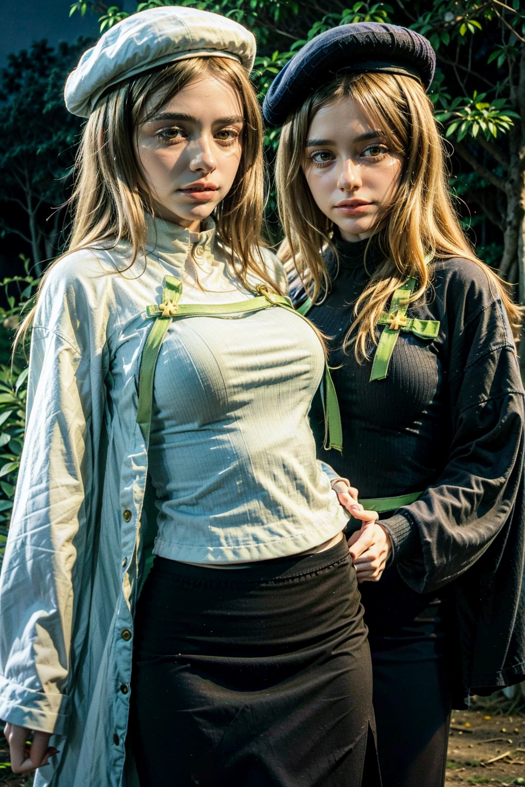 1 girl, best quality, ((Miyo)), tarankaaa, NOT DASHA TARAN, perfect face, beautiful smile, 30 years old, ((ascot, uniform, black skirt, cross, ribbon, gold blonde hair, emerald, beret, cape, pantyhose, shirt cover til hips, long shirt)), ((perfectly drawn hands)), perfect body, bare tree, bush, fog, forest, grass, nature, outdoors, plant, scenery, solo, standing, tree, 32k photograph, ((perfect eyes, detailed eyes,realistic eyes)), ((sharp face, detailed face, realistic face, natural skin, realistic skin, detailed skin, pores)), full body, tone mapping, asian-european, ((masterpiece)), ((highres)), ((detailed background)), japanese village background, night, big proportions,