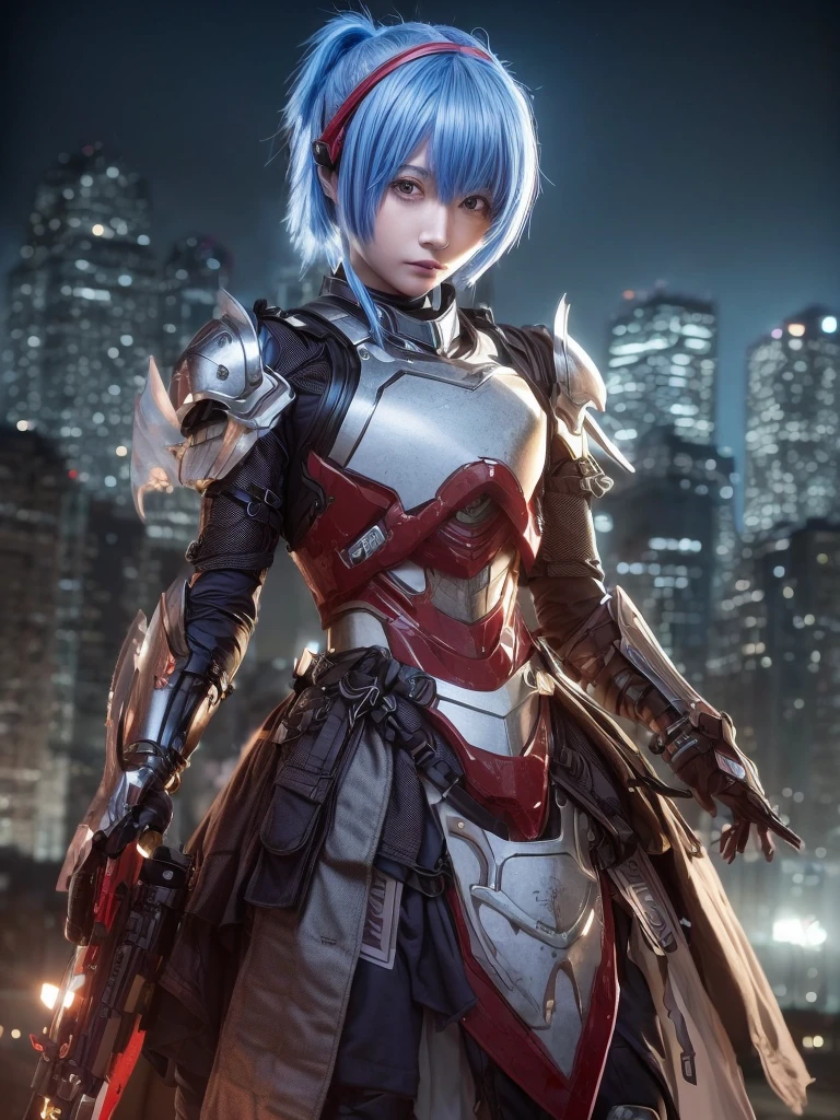 (top-quality:1.2, masterpiece), ultra high resolution, (Photorealsitic:1.4),, (bird-type mechanical heavy armor), (mechanical armor:1.3), light red base with silver and bronze accent, 1 Japanese female soldier, extremely realistic face, (blue hair), ((ultimately intricate all details)), (whole body picture), realistic shadow, octan render, 8K, ultrasharp, character edge light, Details of complex ornaments, Hydraulic cylinder, power cable, dystopia with a beautiful view at night,