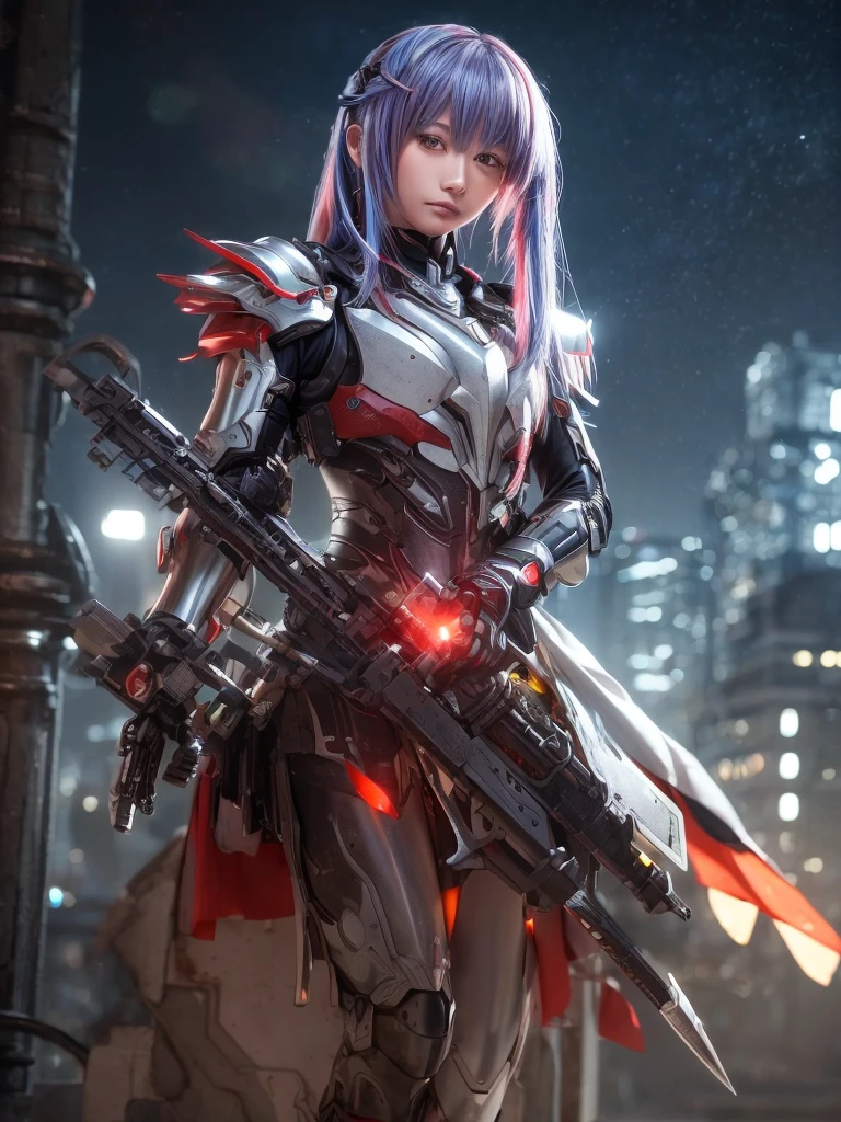 (top-quality:1.2, masterpiece), ultra high resolution, (Photorealsitic:1.4),, (bird-type mechanical heavy armor), (mechanical armor:1.3), light red base with silver and bronze accent, 1 Japanese female soldier, extremely realistic face, (blue hair), ((ultimately intricate all details)), (whole body picture), realistic shadow, octan render, 8K, ultrasharp, character edge light, Details of complex ornaments, Hydraulic cylinder, power cable, dystopia with a beautiful view at night,