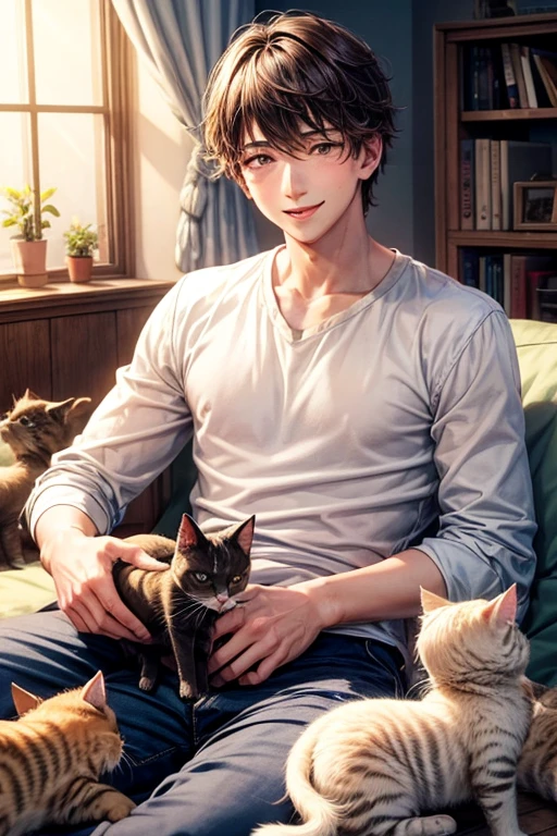 A young man and three little kittens,3 kittens,A young man surrounded by small kittens,Fresh young man,A young man with a lovely, gentle smile,Young man with his mouth wide open,Young man playing with a cat,blush,Cats surround the screen,A very happy smile,Cat smiles too,color々Kittens of all kinds,A bright, sunny room,Inside the room,I&#39;m in bed,Black-haired man,Straight hair man,Male around 20 years old,anime,Slender young man