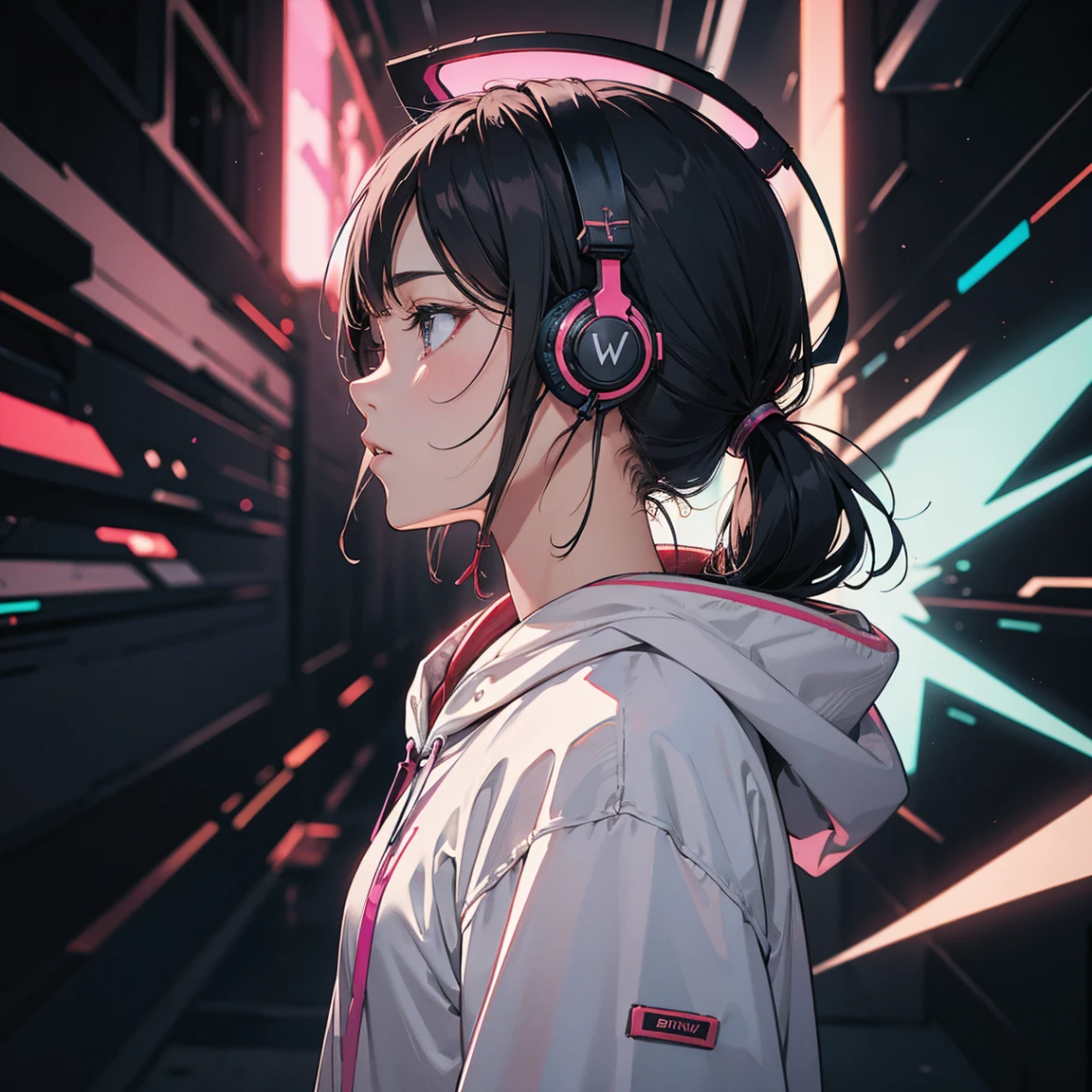 Male, profile, headphones, hoodie, vivid colors, neon, cyberpunk, 