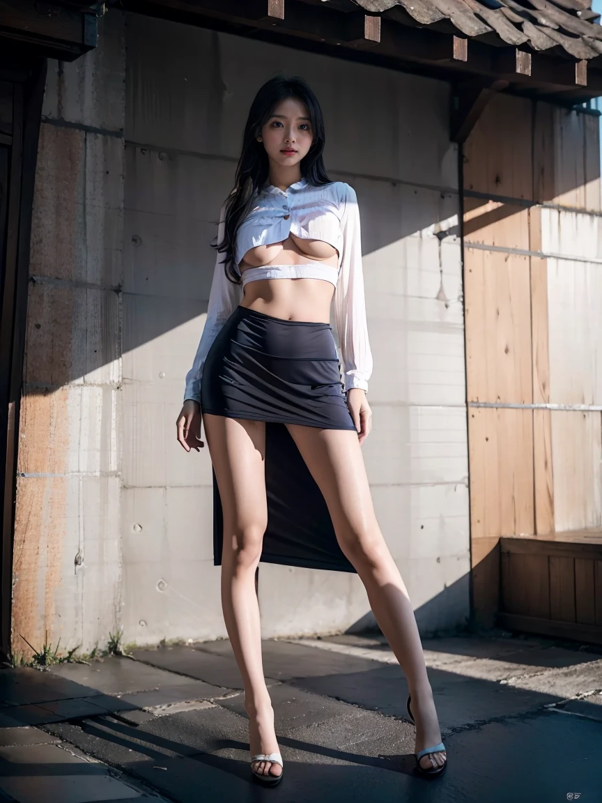 1 girl, blue eyes, Long hair, Big breasts,,Button-up shirt,Pronounced nipple contour,Exposed breasts, Super short skirt,((T-back exposed:1.6)),Sheer short skirt,High slit,Legs open,Thin hips,Flat belly,Low Rise,Showing belly,belly button,Facing the camera,Look at the lens,full-body shot,(超Low angle upward shot:1.6), Unity 8k wallpaper, Ultra Detailed, Aesthetic, masterpiece, best quality, Realistic,Random color matching,Face HD,Full body close-up,Extreme low-angle telephoto:1.6。Shoot at extreme angles,Shoot up,(Underskirt view:1.6)underboob shirt,skirt,Small amount,Prominent genital outline。underboob,Low angle upward shot:1.6