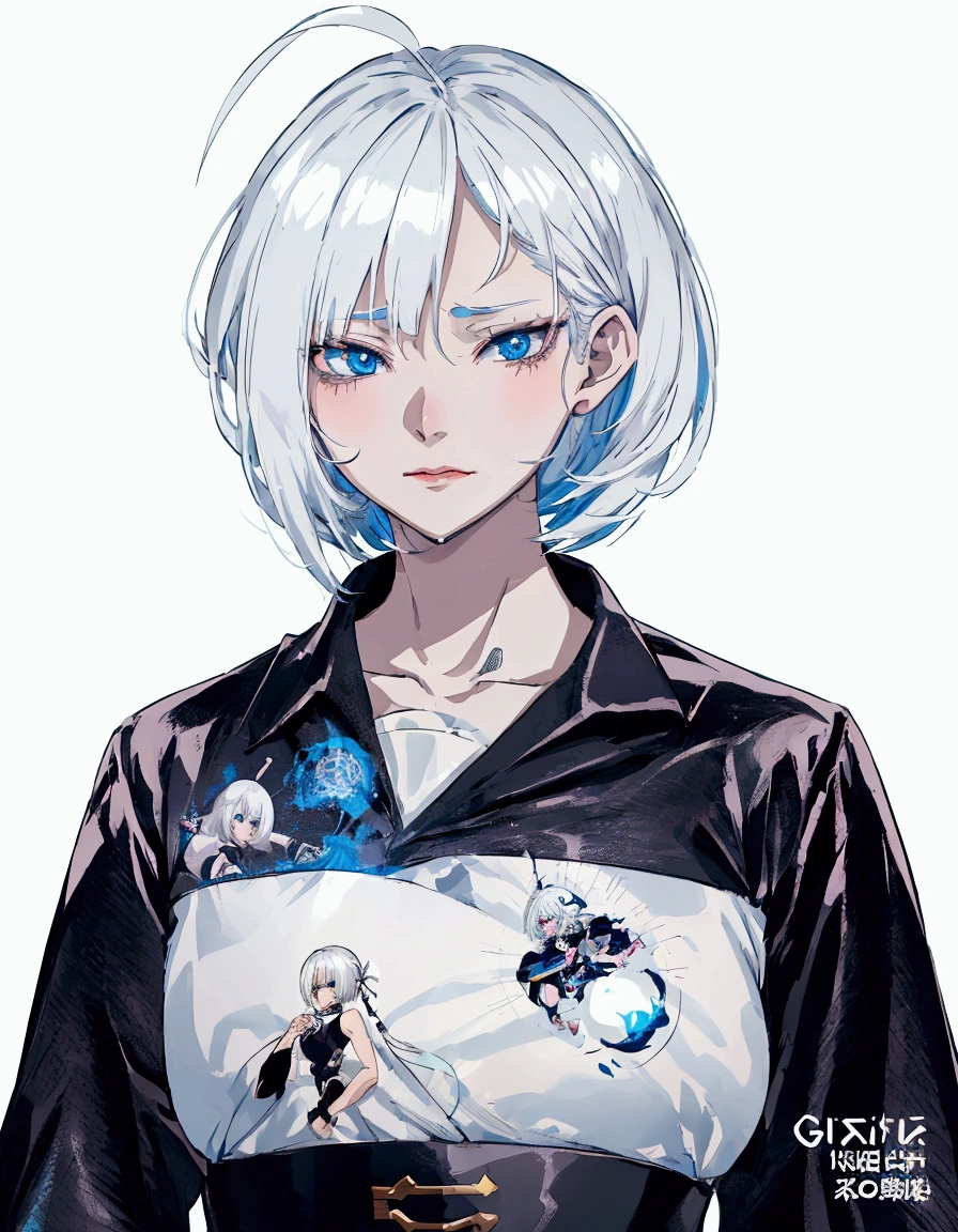 anime girl with white hair and blue eyes wearing a black and white shirt, girl with short white hair, anime style character, style anime, anime style. 8k, clean detailed anime style, guweiz, anime styled, high quality anime artstyle, artwork in the style of guweiz, anime character, detailed anime character art, anime style portrait