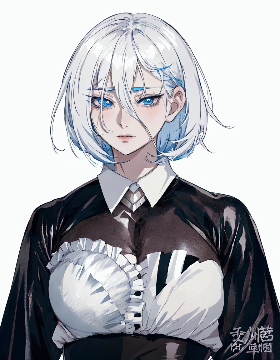 anime girl with white hair and blue eyes wearing a black and white shirt, girl with short white hair, anime style character, style anime, anime style. 8k, clean detailed anime style, guweiz, anime styled, high quality anime artstyle, artwork in the style of guweiz, anime character, detailed anime character art, anime style portrait