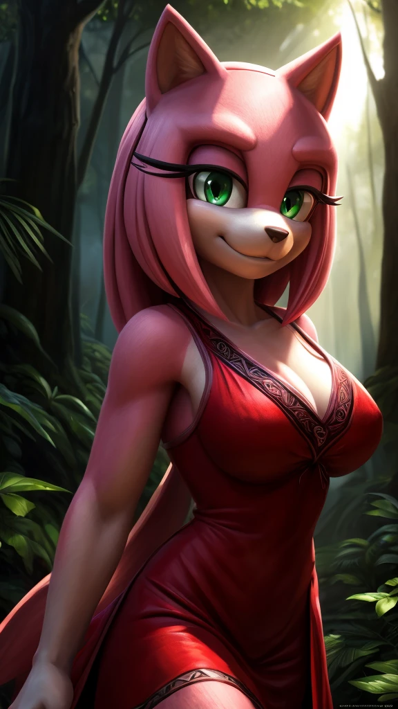 (mature:1.2) Style-Princess, ultra detailed, perfect face, sexy face, expressive eyes, FurAffinity furry female, antromorfic, sweet smile, gentle look, blush, solo, long pink hair, green eyes, slender body, red dress white parts, large breasts, fur pink, pink skin, walking through the forest, posing, looking pleasure, forest clear open sky background, , 3nid_14, masterpie, best quality, highest quality, cinematic lighting, (volumetric lighting), extremely detailed CG unity 8k wallpaper, focused, 8k wallpaper, 4k wallpaper, extremely detailed, ultra realistic, photorealistic, sharp focus, absurd res, (HDR:1.2), (high contrast), photograph, detailed and intricate, instagram, portrait, highly detailed, digital painting, art station, concept art, smooth, sharp focus, illustration, cinematic lighting, amy rose, 