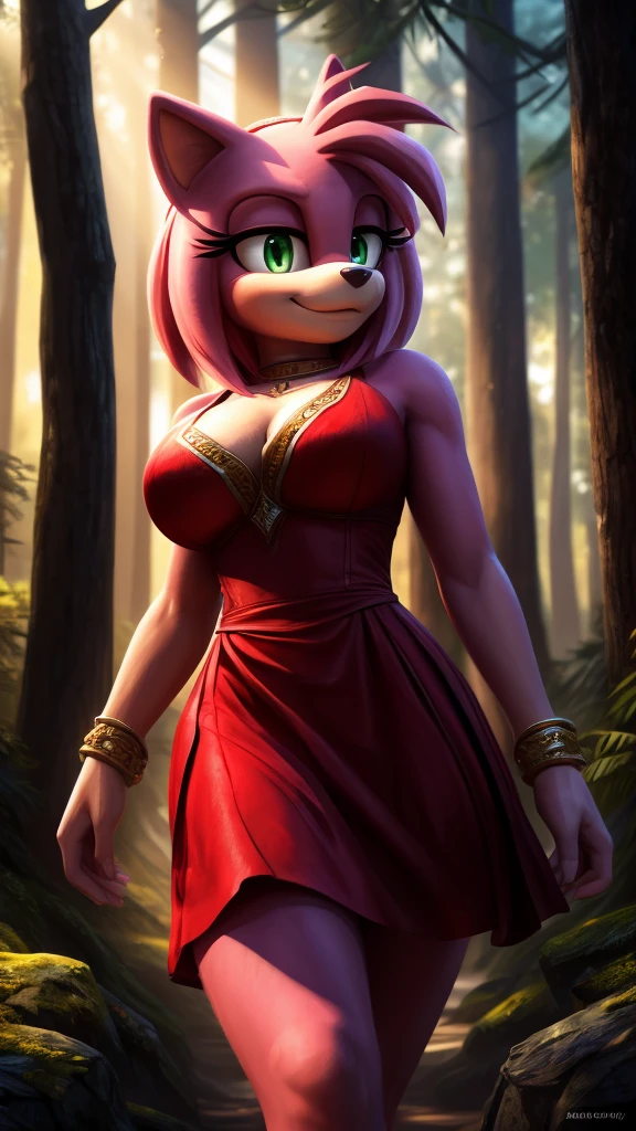(mature:1.2) Style-Princess, ultra detailed, perfect face, sexy face, expressive eyes, FurAffinity furry female, antromorfic, , sweet smile, gentle look, blush, solo, long pink hair, green eyes, slender body, red dress white parts, large breasts, fur pink, pink skin, sitting on the grass, posing, looking at the viewer, forest clear open sky background, 15 years old, 3nid_14, masterpiece, best quality, highest quality, cinematic lighting, (volumetric lighting), extremely detailed CG unity 8k wallpaper, focused, 8k wallpaper, 4k wallpaper, extremely detailed, ultra realistic, photorealistic, sharp focus, absurd res, (HDR:1.2), (high contrast), photograph, detailed and intricate, instagram, portrait, highly detailed, digital painting, art station, concept art, smooth, sharp focus, illustration, cinematic lighting, amy rose,