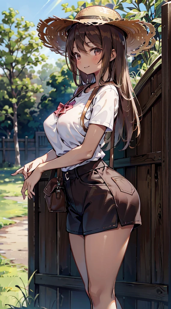 country girl，Short-sleeved shirt，Short-sleeved shirt，shorts，straw hat，Sunlight，Enthusiastic，Cheerful，Sunlight，solarised，solarised，Country Style，Brown skin，Brown skin，Coffee-colored skin，Dark skin，solarised，日式Country Style，Outdoor Background，Outdoor Background，Big breasts，Big breasts，Big Ass，Full figure，Lean over，bend over，Lean forward，Lean forward，Lean forward，Smile，Smile，Smile