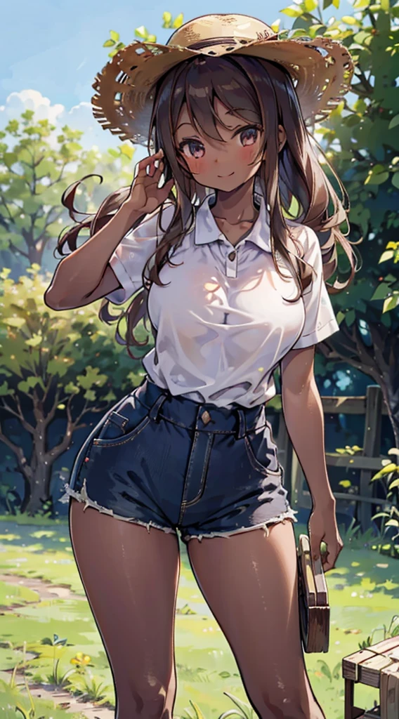 country girl，Short-sleeved shirt，Short-sleeved shirt，shorts，straw hat，Sunlight，Enthusiastic，Cheerful，Sunlight，solarised，solarised，Country Style，Brown skin，Brown skin，Coffee-colored skin，Dark skin，solarised，日式Country Style，Outdoor Background，Outdoor Background，Big breasts，Big breasts，Big Ass，Full figure，Lean over，bend over，Lean forward，Lean forward，Lean forward，Smile，Smile，Smile