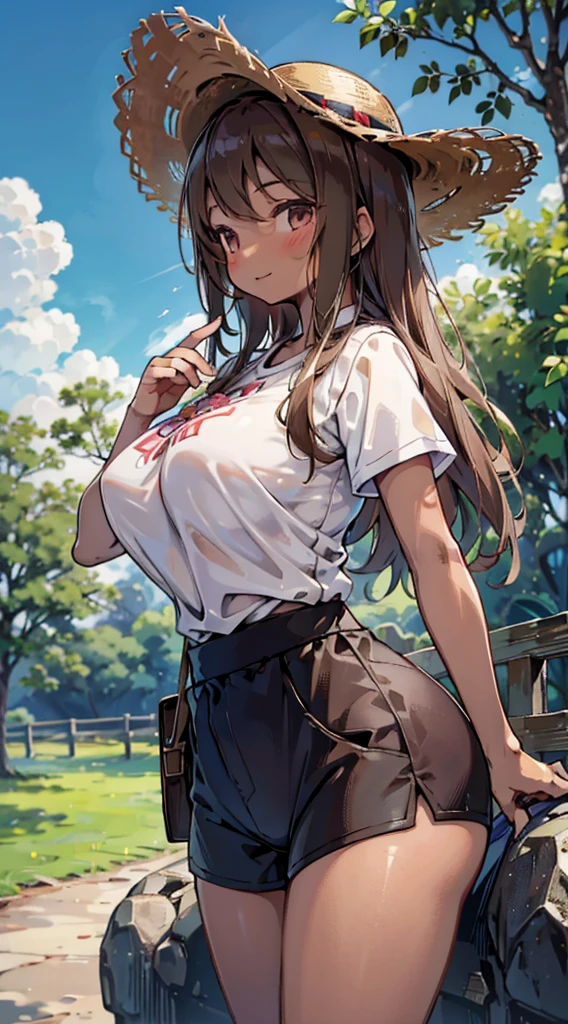 country girl，Short-sleeved shirt，Short-sleeved shirt，shorts，straw hat，Sunlight，Enthusiastic，Cheerful，Sunlight，solarised，solarised，Country Style，Brown skin，Brown skin，Coffee-colored skin，Dark skin，solarised，日式Country Style，Outdoor Background，Outdoor Background，Big breasts，Big breasts，Big Ass，Full figure，Lean over，bend over，Lean forward，Lean forward，Lean forward，Smile，Smile，Smile