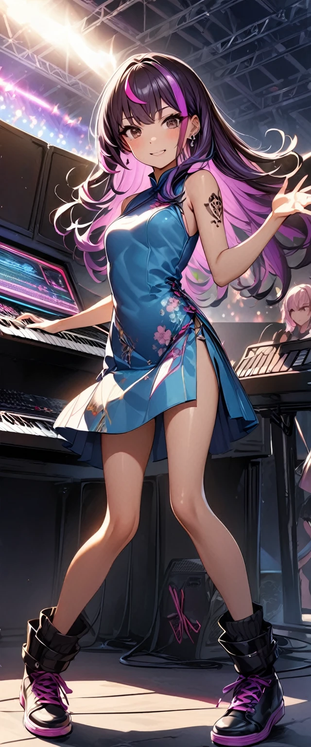 (highest quality:1.2, Very detailed, up to date, Vibrant, Ultra-high resolution, High Contrast, masterpiece:1.2, highest quality, Best aesthetics), Portraiture、girl、keyboard player、stage、performance、Rock Music、Bright colors、Beautiful fine details、Beautiful lip detail、long hair、black and purple ((streaked hair:1.6)), highlights hair: 1.5, brown eyes, slim body, (small breast:0.7), Music band、standing in keyboards booth, playing keyboards、(raise left hand high:1.5), Concert Light、Edgy Style、(colorful Cheongsam:1.2), (no sleeve:1), Dynamic Movement、hypnotic sounds、Stadium、amplifier、Loud music、(playing keyboards:1.6), (Floral Fineline tattoo design on left arm:1), Passionate performance、Sparkling stage、Concert atmosphere、Music Festival、Full of emotion、Rock star attitude、Resolute expression、Avid Fan、The presence of an attractive stage、 Expressive gestures、Rock star aura、An exciting atmosphere、An unforgettable show, closs earing, (full body:1.5)
