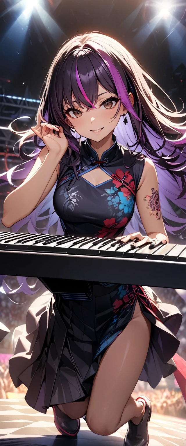 (highest quality:1.2, Very detailed, up to date, Vibrant, Ultra-high resolution, High Contrast, masterpiece:1.2, highest quality, Best aesthetics), Portraiture、girl、keyboard player、stage、performance、Rock Music、Bright colors、Beautiful fine details、Beautiful lip detail、long hair、black and purple ((streaked hair:1.6)), highlights hair: 1.5, brown eyes, slim body, (small breast:0.7), Music band、standing in keyboards booth, playing keyboards、(raise left hand high:1.5), Concert Light、Edgy Style、(colorful Cheongsam:1.2), (no sleeve:1), Dynamic Movement、hypnotic sounds、Stadium、amplifier、Loud music、(playing keyboards:1.6), (Floral Fineline tattoo design on left arm:1), Passionate performance、Sparkling stage、Concert atmosphere、Music Festival、Full of emotion、Rock star attitude、Resolute expression、Avid Fan、The presence of an attractive stage、 Expressive gestures、Rock star aura、An exciting atmosphere、An unforgettable show, closs earing, (full body:1.5)