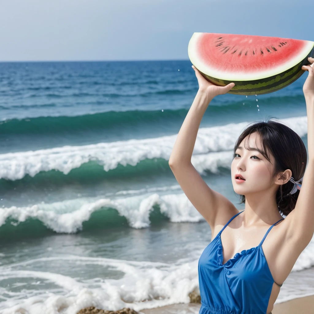 Young Japanese women、Swimwear、fold、Raising the stick、Sea beach、A round watermelon is placed in front of it.、Watermelon Smashing、 (water is gushing out), The waves are coming and going
