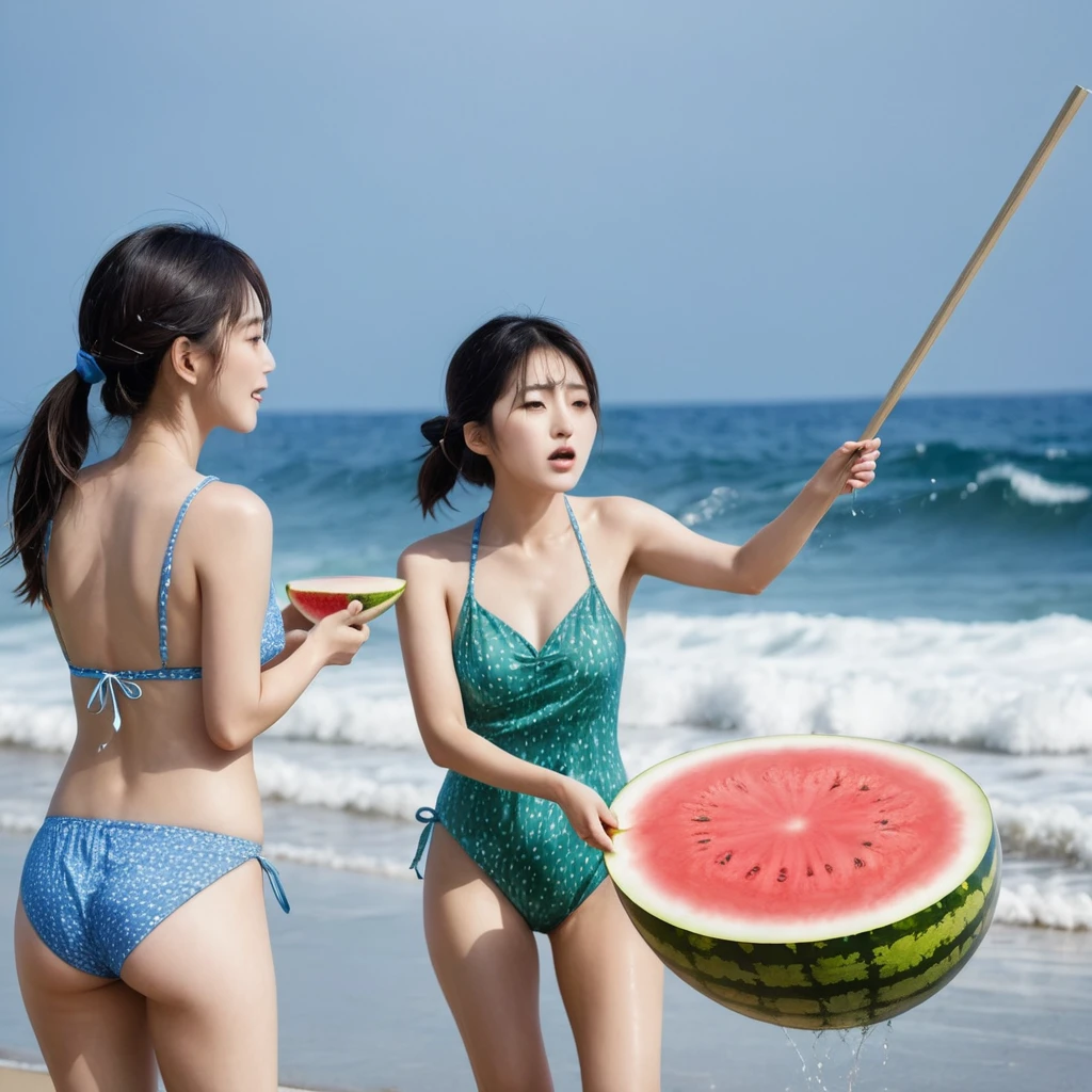 Young Japanese women、Swimwear、Blindfold、Raising the stick、Sea beach、A round watermelon is placed in front of it.、Watermelon Smashing、 (water is gushing out), The waves are coming and going
