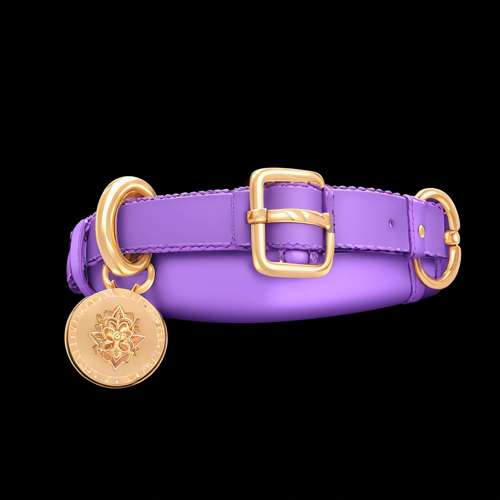 purple leather collar with a gold medal and a metal clasp, collar, collar and leash, jewelry, made of liquid purple metal, slave collar, gold collar, violet, jewel, piercings collar, choker, purple, gold and purple, belt, badge on collar, jojo, ello, designed in blender, depicted as a 3 d render, potion belt, vat