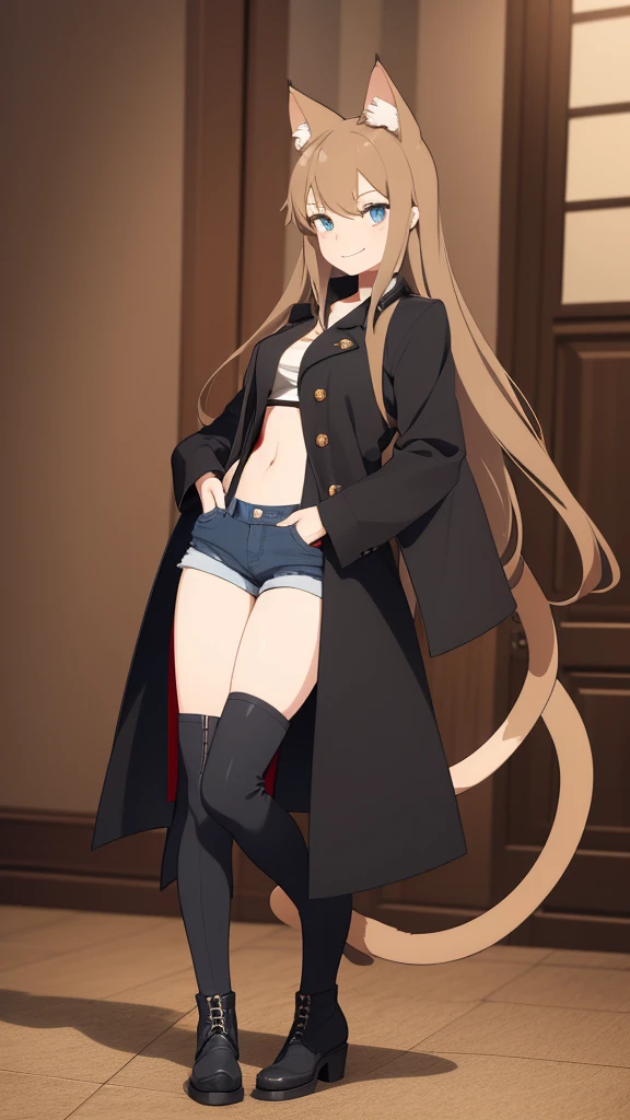 The image is a digital illustration of a female character with cat ears and a long tail. She is dressed in a black duster coat, a red button-down shirt, blue denim shorts, and brown chaps. She is wearing a silver six-shooter on her hip, and her boots are silver with cat faces on them. Her eyes are green and she is smiling. She has long brown hair. The character is standing against a room background. The style of the illustration is anime/manga-inspired.