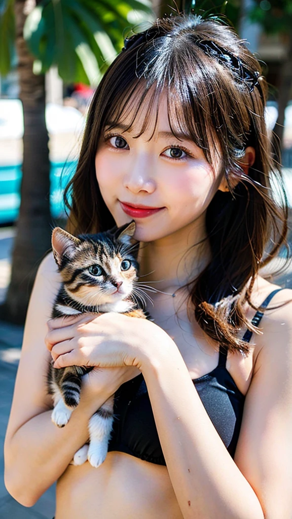 (8K, RAW Photos:1.2)Detailed face and eyes,最high quality, Ultra-high resolution, Very detailed ,Intricate details、Waikiki Beach、Holding a kitten、pretty girl , Wearing a black bikini、Cinematic soft light, Hyper Detail,Sharp focus, high quality, Dripping,smile、