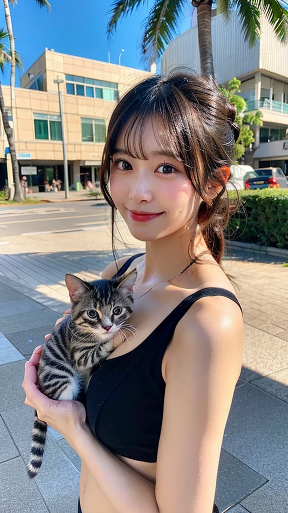 (8K, RAW Photos:1.2)Detailed face and eyes,最high quality, Ultra-high resolution, Very detailed ,Intricate details、Waikiki Beach、Holding a kitten、pretty girl , Wearing a black bikini、Cinematic soft light, Hyper Detail,Sharp focus, high quality, Dripping,smile、