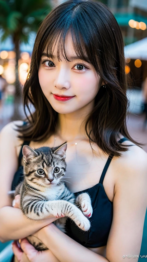 (8K, RAW Photos:1.2)Detailed face and eyes,最high quality, Ultra-high resolution, Very detailed ,Intricate details、Waikiki Beach、Holding a kitten、pretty girl , Wearing a black bikini、Cinematic soft light, Hyper Detail,Sharp focus, high quality, Dripping,smile、