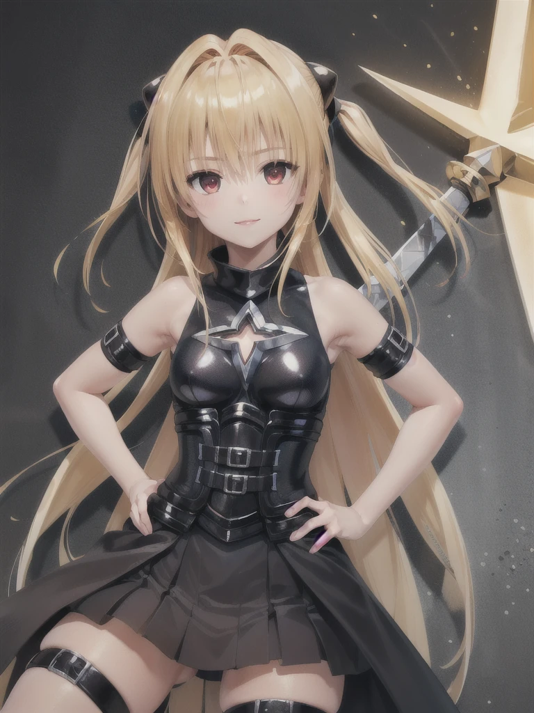 (masterpiece:1.4), (Highest quality:1.4), Realistic, One girl, High resolution, Ayami, Very long hair, Both sides up, hair ornaments, Exposing shoulders, Black Dress, Clothing cutouts, Removable sleeves, belt, Thigh straps, smile, Hands on hips, Open your mouth, indoor, unity 8k wallpaper, (figure:0.8), (Beautiful attention to detail:1.6), Highly detailed face, Perfect lighting, Highly detailed CG, (3D Face:1.1), (Shiny skin:1.5), (超High resolution intricate face details), (Facial skin pores:1.3), 超High resolution cloth texture, (Canon EOS-1D X Mark III camera for outstanding detail:1.2), (Combined with Canon EF24-70mm f/2.8L II USM Lens:1.2), (He has the great sword Excalibur:1.3), Trenches on a war-torn battlefield, Barbed wire in the background, Coming under attack, Thundercloud, heroism, Movie-like atmosphere