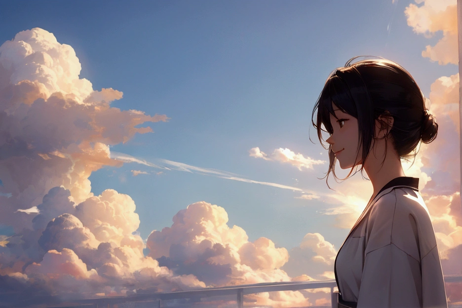 A refreshing woman、Shortcuts、smile、masterpiece, Highest quality, Movie stills, bright, Anime Style, Happy, shine、Age: 23、happiness、null、cloud、cloudの隙間から光が差し込む、Warm and soft lighting,