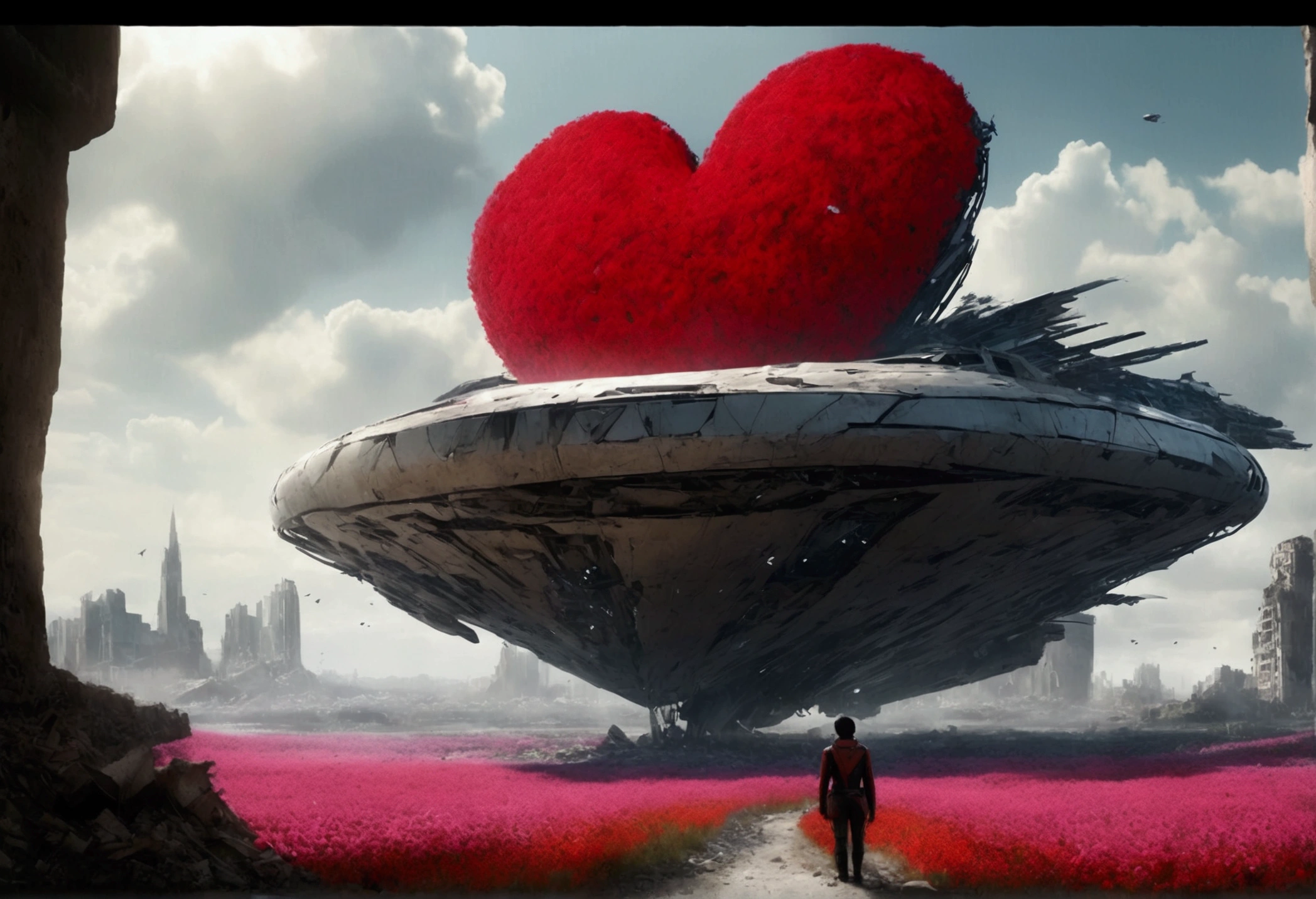 An incredible movie sci-fi scene with a big spaceship in third person in the scene flies over a large valley with a field of abstract flowers in the shape of red hearts on thin stems Scscesce in the vegatation among the rubble of a destroyed city, its flight between the remains of buildings Fallen bridges Destroyed streets reflect the shadow of the large ship projected on the ruins