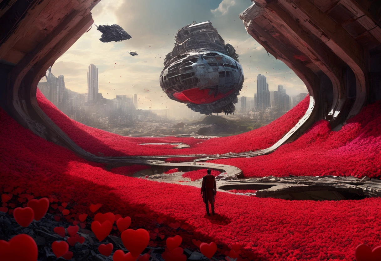 An incredible movie sci-fi scene with a big spaceship in third person in the scene flies over a large valley with a field of abstract flowers in the shape of red hearts on thin stems Scscesce in the vegatation among the rubble of a destroyed city, its flight between the remains of buildings Fallen bridges Destroyed streets reflect the shadow of the large ship projected on the ruins