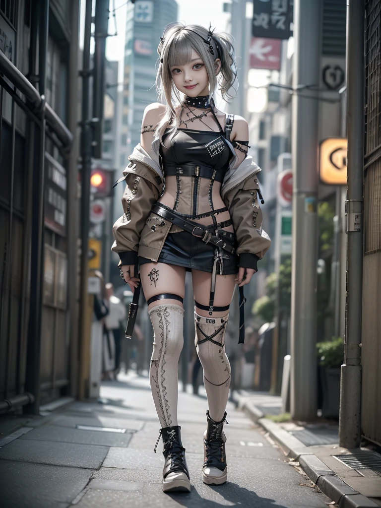 (Full Body View:1.2)、(Side view:1.2)、(Smiling with teeth showing:1.3),(Shibuya Gal:1.5)、(Beautiful:1.5)、(Neo-goth fashion:1.5)、(Punk RockVisual Kei:1.5)、(An off-the-shoulder hoodie in khaki and white with delicate silver accessories.:1.5)、(A corset with a delicate beige and brown design:1.4)、(White and brown snakeskin bodysuit:1.5)、(head band:1.3)、(Beige and charcoal knee socks:1.4)、Embellished collar and long boots、(I'm selling snake print underwear.:1.4)、(Long eyelashes:1.3)、(20-year-old)、((Highest quality、8k、masterpiece:1.3))、1 Female、Slim and beautiful abs:1.3、(hairstyle casual、Beautiful boobs:1.1)、(Doing an aerobics pose:1.3)、dress:1.1、Super small face、Narrow eyes、double eyelid、A sloppy smile、Esbian all over body、Dynamic Angle、Close-up、CPL Filter、Blurred Background、Bokeh、Blue Hour、Detailed face and skin texture、Detailed eyes、,(Twin tails:1.3)、(Black brown hair:1.3)、Gravure idol、(The background is a glamorous dance hall:1.3)、(Make your legs thinner:1.4)、(Slim body:1.3)、(clavicle:1.1)