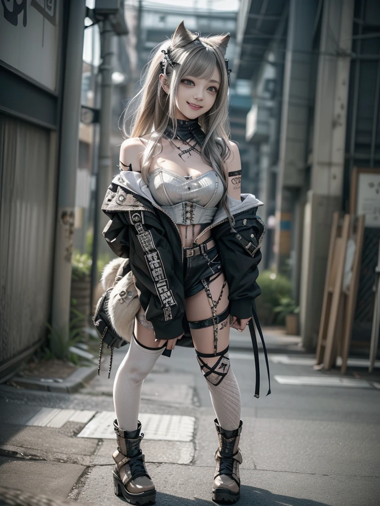 (Full Body View:1.2)、(Side view:1.2)、(Smiling with teeth showing:1.3),(Shibuya Gal:1.5)、(Beautiful:1.5)、(Neo-goth fashion:1.5)、(Punk RockVisual Kei:1.5)、(An off-the-shoulder hoodie in khaki and white with delicate silver accessories.:1.5)、(A corset with a delicate beige and brown design:1.4)、(White and brown snakeskin bodysuit:1.5)、(head band:1.3)、(Beige and charcoal knee socks:1.4)、Embellished collar and long boots、(I&#39;m selling snake print underwear.:1.4)、(Long eyelashes:1.3)、(20-year-old)、((Highest quality、8k、masterpiece:1.3))、1 Female、Slim and beautiful abs:1.3、(hairstyle casual、Beautiful boobs:1.1)、(Doing an aerobics pose:1.3)、dress:1.1、Super small face、Narrow eyes、double eyelid、A sloppy smile、Esbian all over body、Dynamic Angle、Close-up、CPL Filter、Blurred Background、Bokeh、Blue Hour、Detailed face and skin texture、Detailed eyes、,(Twin tails:1.3)、(Black brown hair:1.3)、Gravure idol、(The background is a glamorous dance hall:1.3)、(Make your legs thinner:1.4)、(Slim body:1.3)、(clavicle:1.1)
