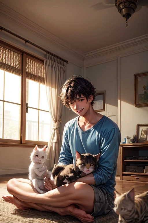 Lots of cats,Three cats,Man surrounded by cats,smile,Refreshing Men,Gentle expression,猫もsmile,