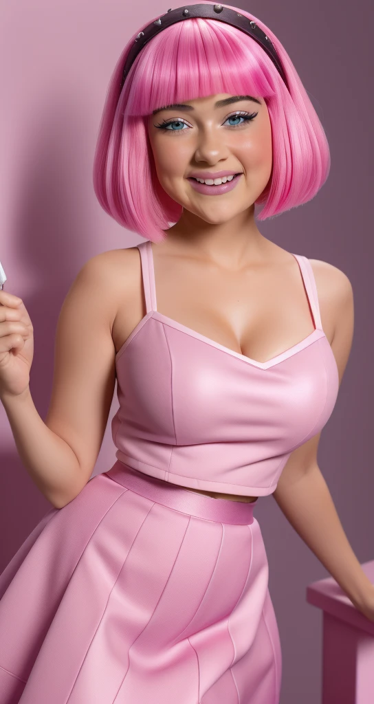 (((girl 14 years old))) ,sexly Mädchen rosa miniskirt und Spitzenstrümpfe, ((Stephanie from lazy town)) ,happy face,, Lip Gloss、smiling face eye shadow、((dramatic eyelashes))、(((Full-length portrait)))、( BH（pink))、( mini skirt（pink))、((colorful short hair（pink))), good quality, realist, Highly detailed 8k unified CG wallpaper, very detailed, professional photography, cinematic light, Beautifully detailed, Super Detail, high detailed, Depth of field, lightning, Neonstraße, Super stylish lighting ,sexly, (curvy), (deep cleavage),