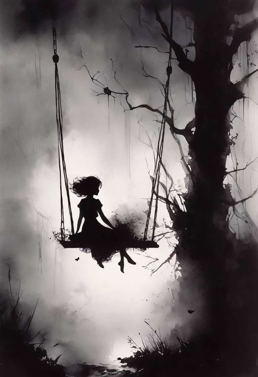 in the style of Stephen Gammell, dark scarlet background, minimal natural colors, (animation. Girl on a swing, tied to a crescent, night, Romance, fairy-tale background) (minimalism: 1) fairy-tale background), original details. Style by Stephen Gammell.
