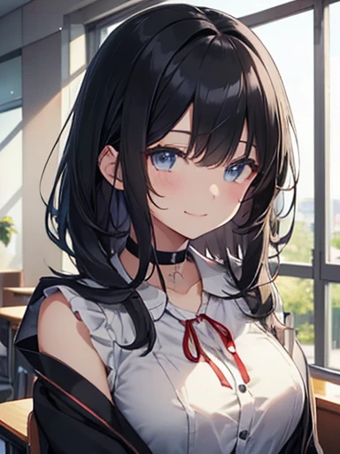 8k, Highest quality, masterpiece, Lively, Real person, Unity 8k による壁紙, (One Girl) , Beautiful Eyes, (Delicate face) , Perfect detail, (Best lighting) , (Very intricate details) 、{Close-up:1.4}、Upper body、School classroom、Natural soft light、Positive:1.2, Facing the audience、Laughter、Smiling Girl、Take a seat in the classroom、Upper body、High , {Black Sailor Suit:1.2}、{Red ribbon}、{Long sleeve}、Cleavage、Big ample breasts,Beautiful breasts、A small choker worn around the neck、Wearing a proper uniform、Woman facing forward,Delicate makeup,Close your mouth,Iris,Semi-long hair、Short bangs, (Black-haired:1.2)、Hair color blue gray gradation,