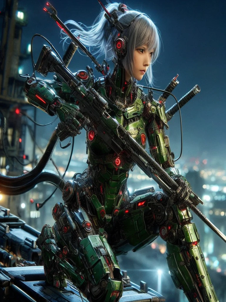 (top-quality:1.2, masterpiece), ultra high resolution, (Photorealsitic:1.4),, (bird-type mechanical heavy armor), (mechanical armor:1.3), light red base with silver and bronze accent, 1 Japanese female soldier, extremely realistic face, (blue hair), ((ultimately intricate all details)), (whole body picture), realistic shadow, octan render, 8K, ultrasharp, character edge light, Details of complex ornaments, Hydraulic cylinder, power cable, dystopia with a beautiful view at night,