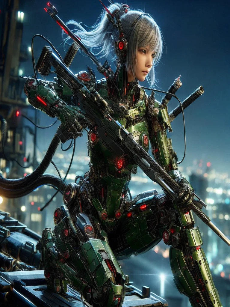 (top-quality:1.2, masterpiece), ultra high resolution, (Photorealsitic:1.4),, (bird-type mechanical heavy armor), (mechanical armor:1.3), light red base with silver and bronze accent, 1 Japanese female soldier, extremely realistic face, (blue hair), ((ultimately intricate all details)), (whole body picture), realistic shadow, octan render, 8K, ultrasharp, character edge light, Details of complex ornaments, Hydraulic cylinder, power cable, dystopia with a beautiful view at night,