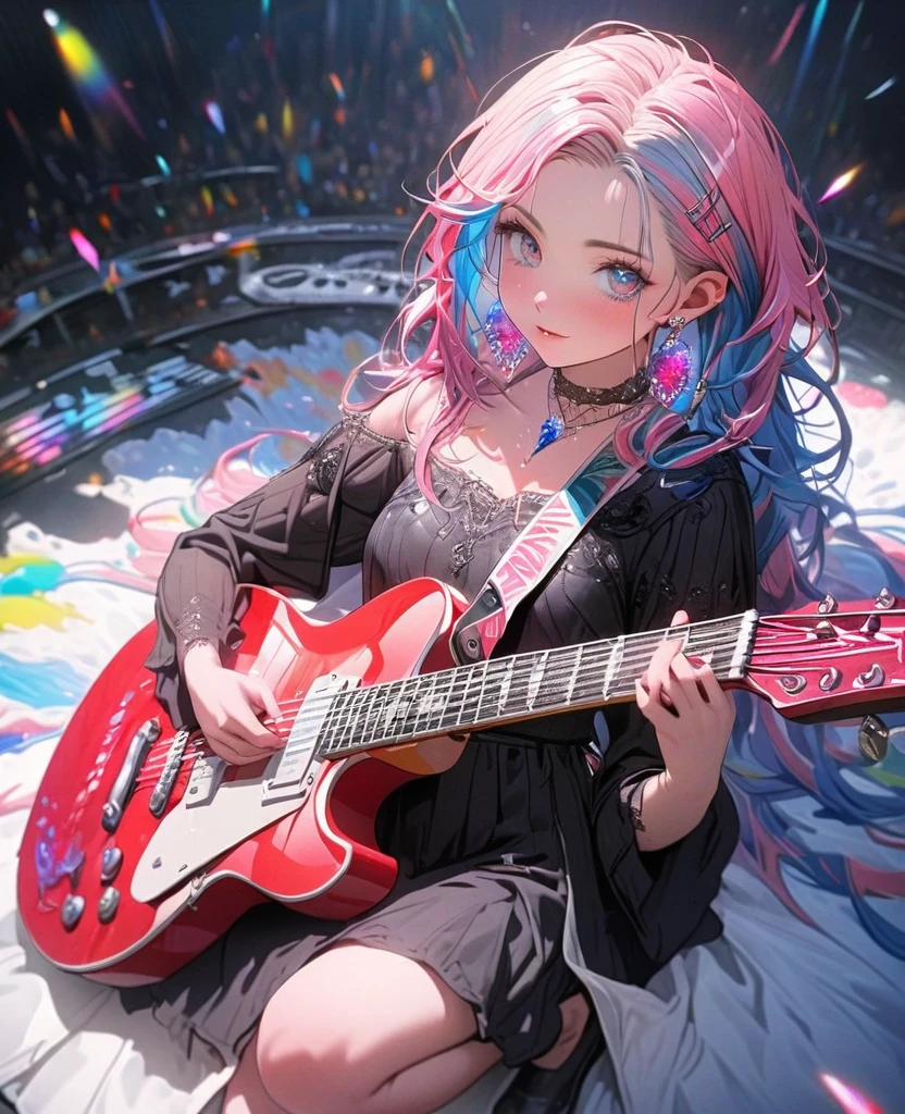 8K,beautiful gal,an extremely delicate and beautiful,Beautiful and realistic skin,Shiny jewel-like earrings,Long colorful hair,beautiful eyes,full body, musician,colorful world,Electric guitar