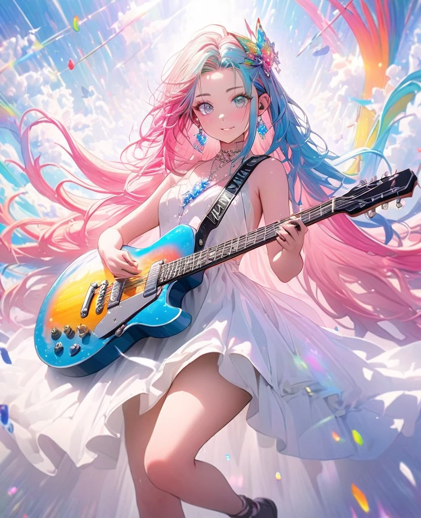 8K,beautiful gal,an extremely delicate and beautiful,Beautiful and realistic skin,Shiny jewel-like earrings,Long colorful hair,beautiful eyes,full body, musician,colorful world,Electric guitar