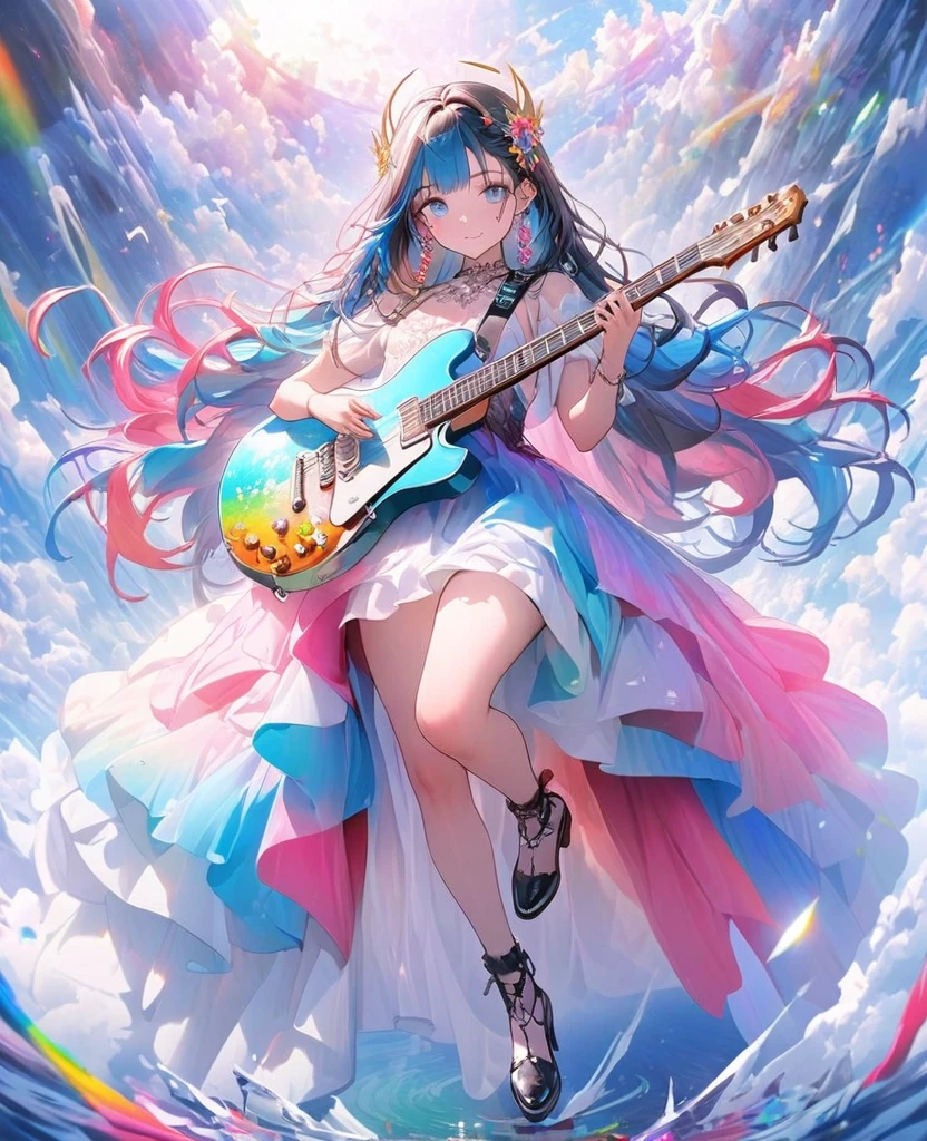 8K,beautiful gal，an extremely delicate and beautiful,Beautiful and realistic skin,Shiny jewel-like earrings,Long colorful hair,beautiful eyes,full body, musician,colorful world,Electric guitar