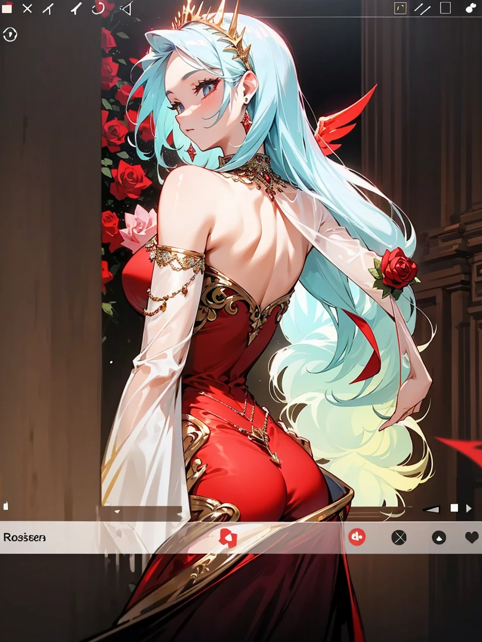 Add in roses to her dress, a good back dress design with some golden jewelry, make her dress into a red and white gown with a hat, give her some unique Jewelry, and make her look somewhat of a demonic angel like appearance to her