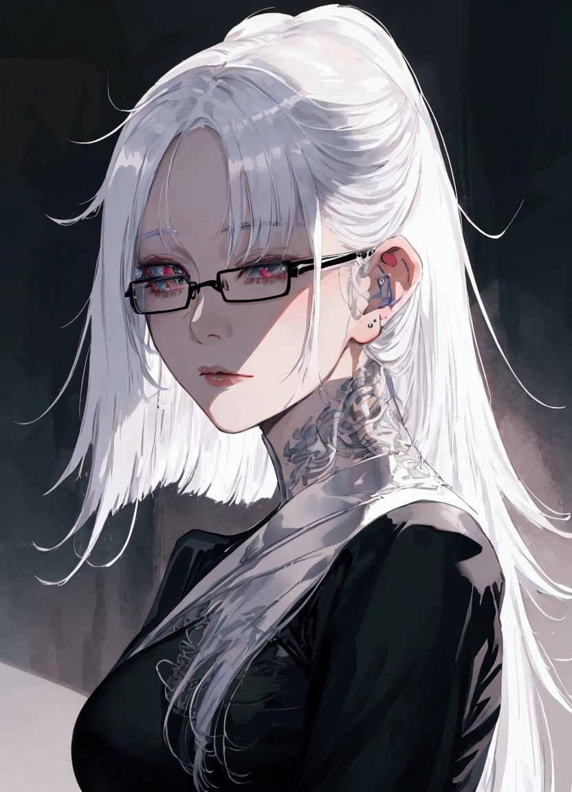 a close up of a woman with glasses and a black shirt, perfect white haired girl, girl with white hair, artwork in the style of guweiz, flowing white hair, white haired, beautiful anime portrait, white haired lady, guweiz, with long white hair, white-haired, with glasses, realistic young anime girl, realistic anime art style